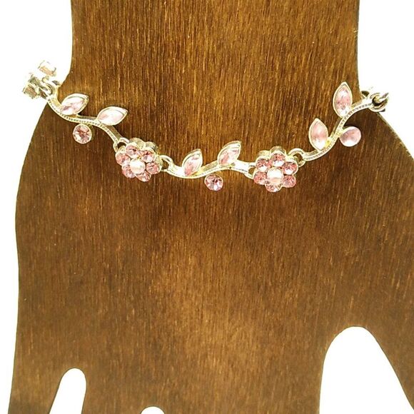 Dainty Pink Crystal Flower Vine Silver-tone Bracelet - Picture 12 of 12
